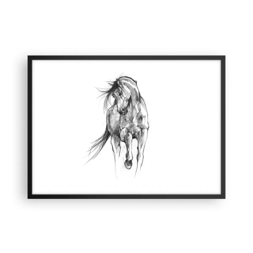 Poster in einem schwarzem Rahmen - Schwarz-Weiß-Skizze eines galoppierenden Pferdes - 70x50cm - Im anmutigen Trab - Moderne Wanddekoration für Wohnzimmer und Schlafzimmer ARTTOR