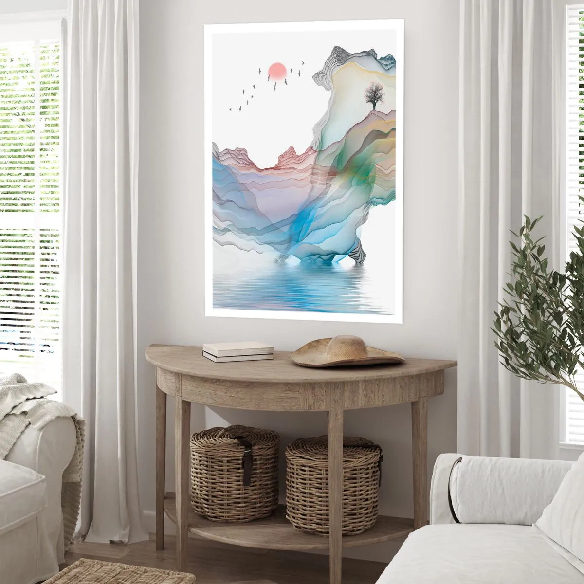 Poster - Bunte, geschichtete Berge über einem ruhigen See mit einem Baum - 50x70cm - Zu den Kristallbergen - Moderne Wanddekoration für Wohnzimmer und Schlafzimmer ARTTOR