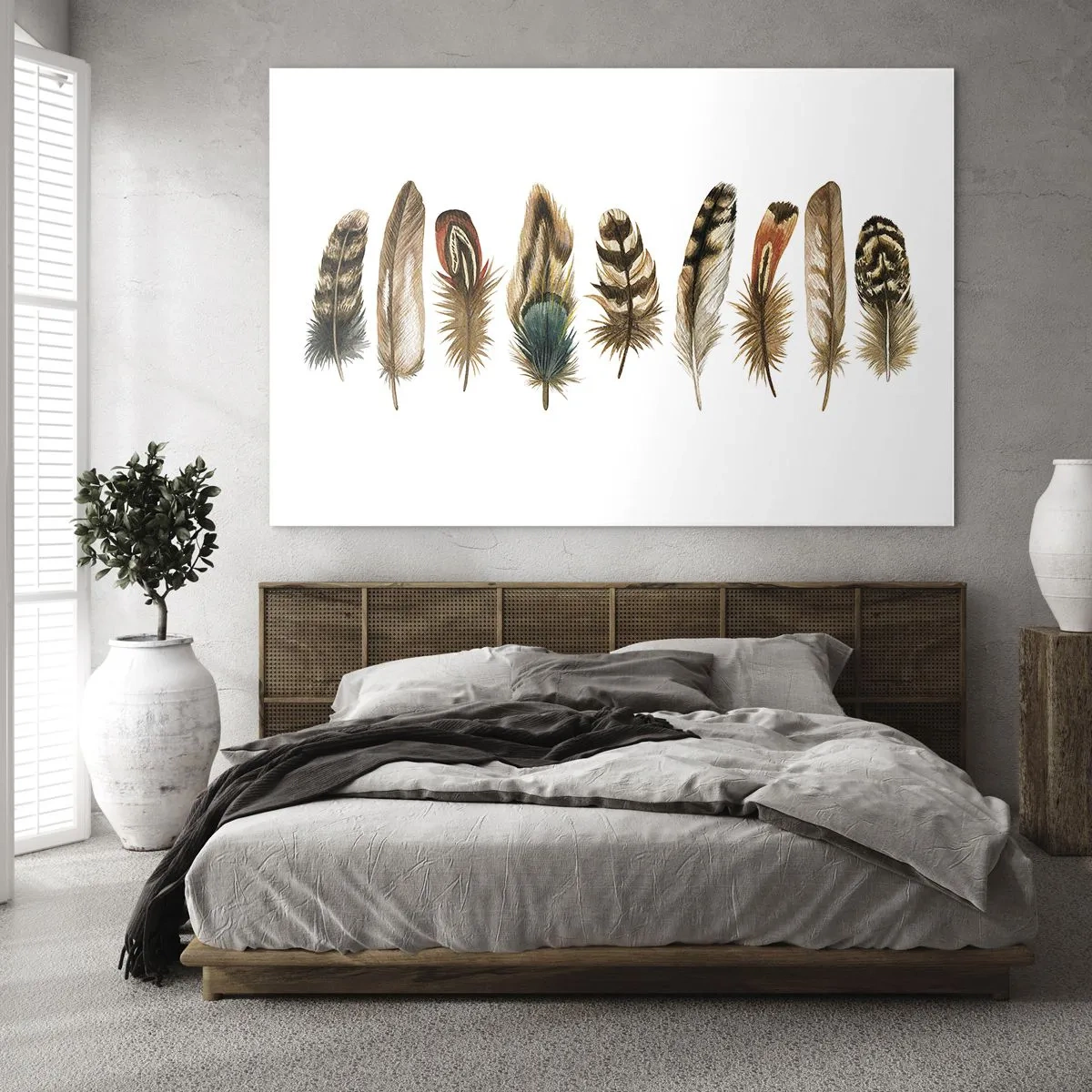 Glasbild - Bild auf glas - Eine Komposition aus bunten Federn auf weißem Hintergrund - 70x50cm - Eine federleichte Variante - Moderne Wanddekoration für Wohnzimmer und Schlafzimmer ARTTOR
