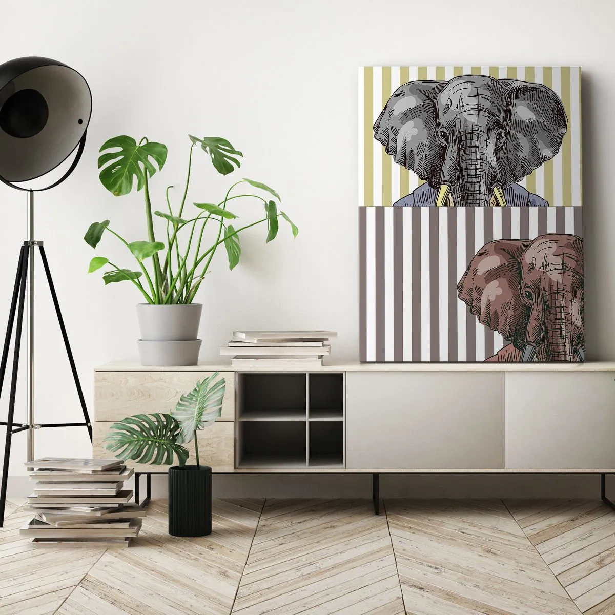 Bild auf Leinwand - Leinwandbild - Ein Elefant im Anzug vor einem Hintergrund aus beigen Streifen - 70x100cm - Von Natur aus elegant - Moderne Wanddekoration für Wohnzimmer und Schlafzimmer ARTTOR