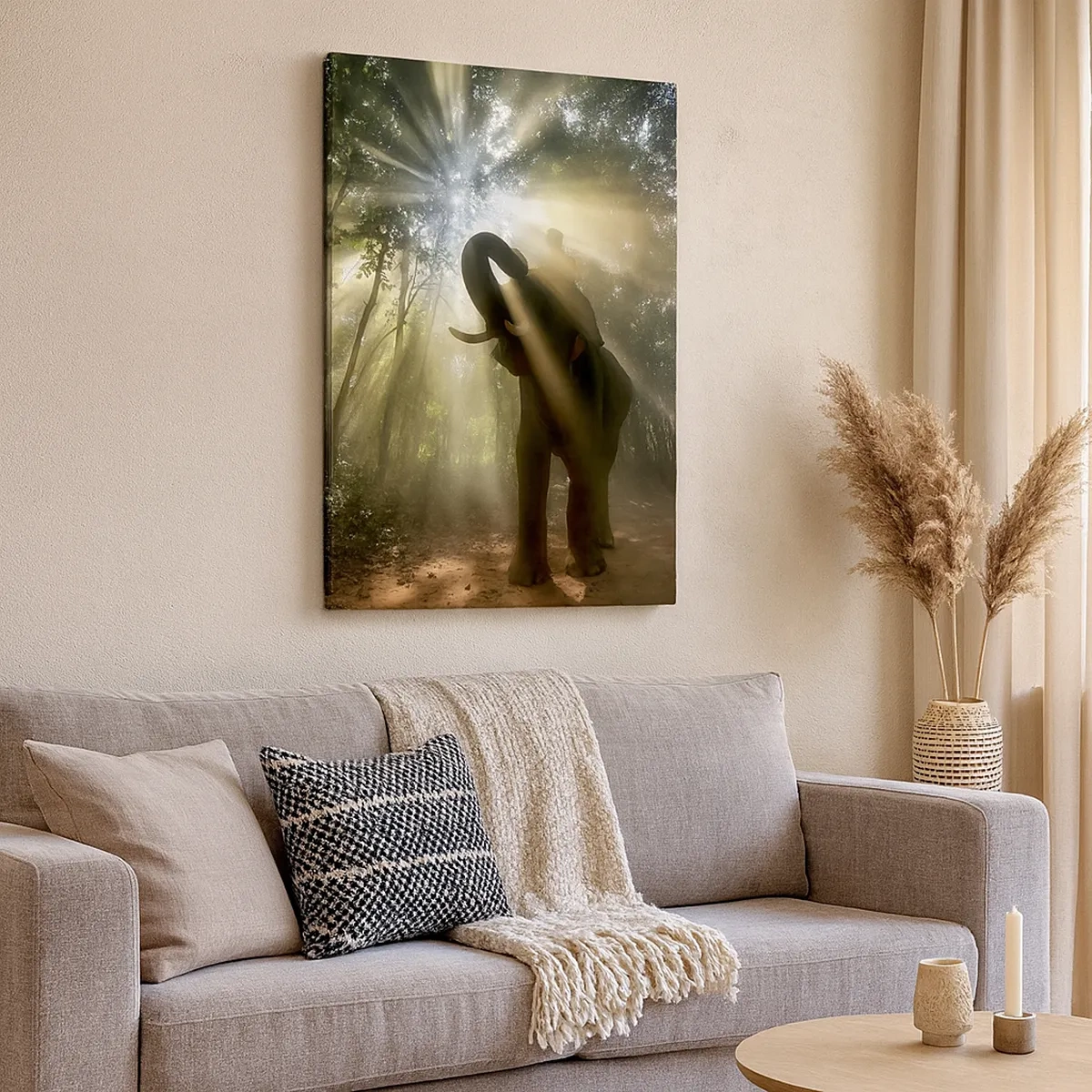 Bild auf Leinwand - Leinwandbild - Ein Elefant im Wald, umgeben von Lichtstrahlen im Morgennebel - 50x70cm - Unter dem Glücksstern - Moderne Wanddekoration für Wohnzimmer und Schlafzimmer ARTTOR
