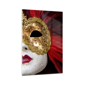 Glasbild - Bild auf glas - Goldene venezianische Maske mit roten Federn - 70x100cm - Das Versprechen eines Karnevalsabenteuers - Moderne Wanddekoration für Wohnzimmer und Schlafzimmer ARTTOR