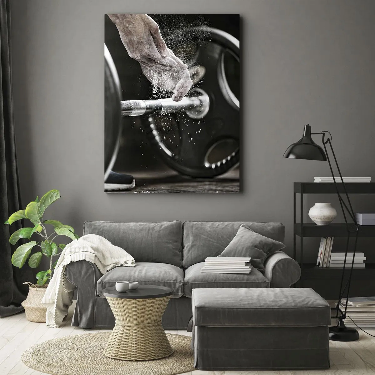 Bild auf Leinwand - Leinwandbild - Hanteln und die Hände eines Sportlers bereiten sich auf das Training vor - 50x70cm - Herausforderung angenommen! - Moderne Wanddekoration für Wohnzimmer und Schlafzimmer ARTTOR