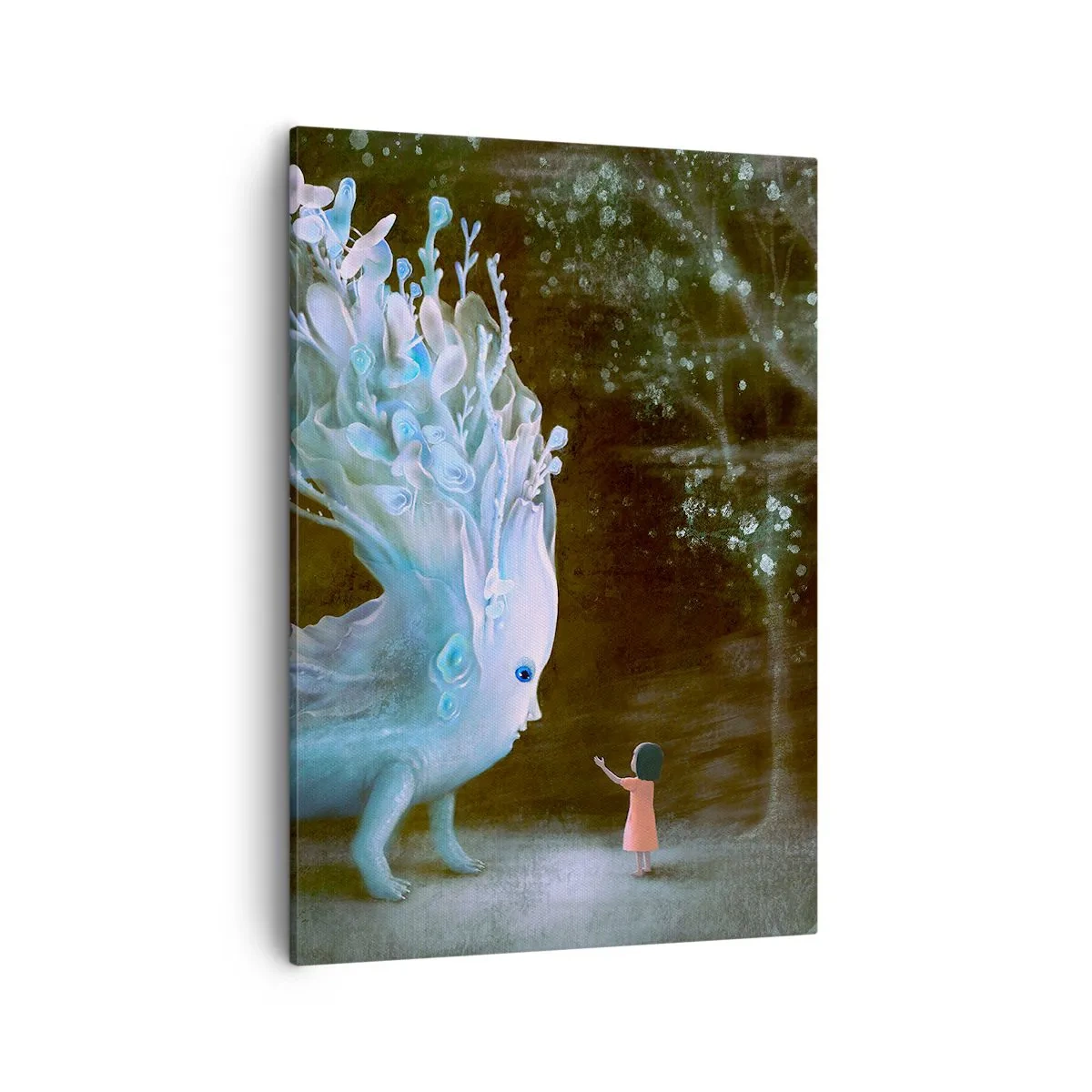 Bild auf Leinwand - Leinwandbild - Die Figur eines Mädchens, das einem fantastischen Wesen gegenübersteht - 50x70cm - Fantastisches Treffen - Moderne Wanddekoration für Wohnzimmer und Schlafzimmer ARTTOR