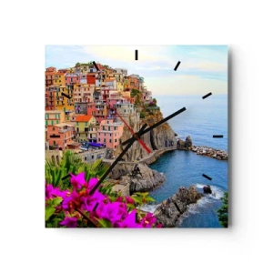 Wanduhr - Glasuhr - Bunte Häuser auf einer Klippe mit Blick auf das Meer in einer malerischen Landschaft - 30x30cm - Lachende Stadt - Moderne Wanddekoration für Wohnzimmer und Schlafzimmer ARTTOR