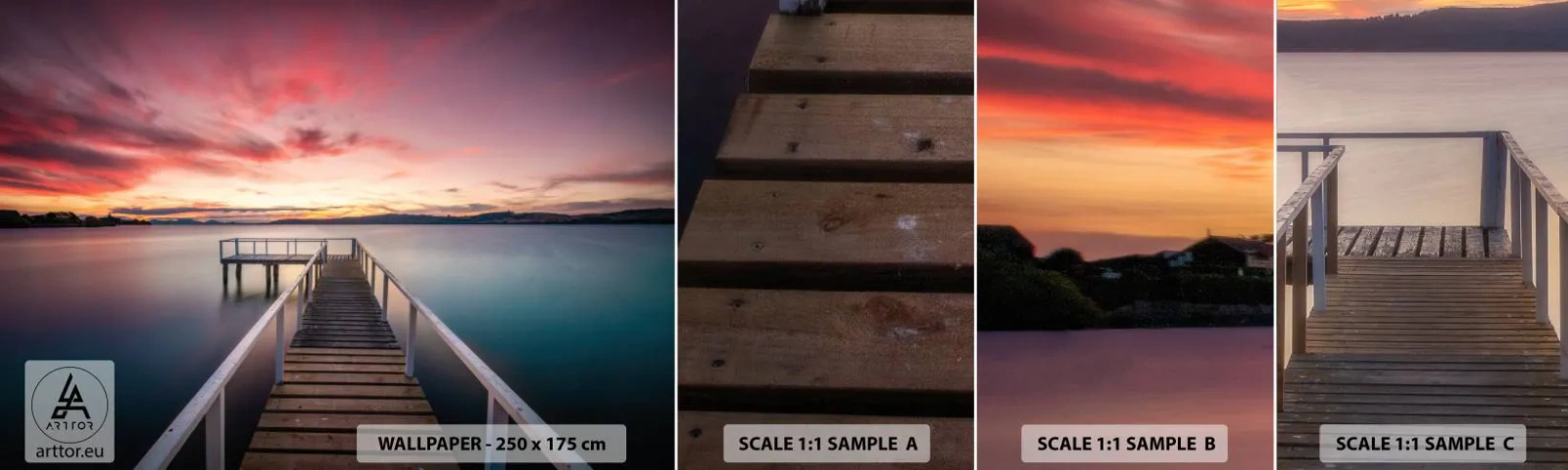 Fototapeten Muster Selbstklebend Deluxe Sticker - Die sanfte Flamme des Abends - Landschaft, Sonnenuntergang, Holzsteg - 100x30 cm