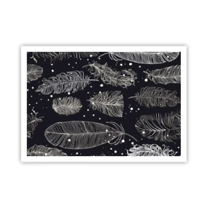 Poster - Zarte weiße Federn auf marineblauem Hintergrund - 100x70cm - Gefiederte Spitze - Moderne Wanddekoration für Wohnzimmer und Schlafzimmer ARTTOR