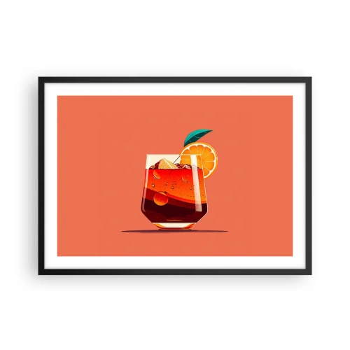 Poster in einem schwarzem Rahmen - Ein Glas Getränk und eine Orangenscheibe auf orangefarbenem Hintergrund - 70x50cm - Sommerliche Erfrischung - Moderne Wanddekoration für Wohnzimmer und Schlafzimmer ARTTOR