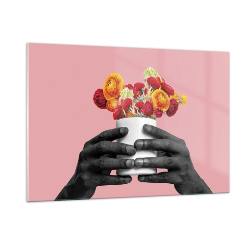 Glasbild - Bild auf glas - Schwarz-weiße Hände halten einen bunten Blumenstrauß - 120x80cm - Die Apotheose des Lebens - Moderne Wanddekoration für Wohnzimmer und Schlafzimmer ARTTOR