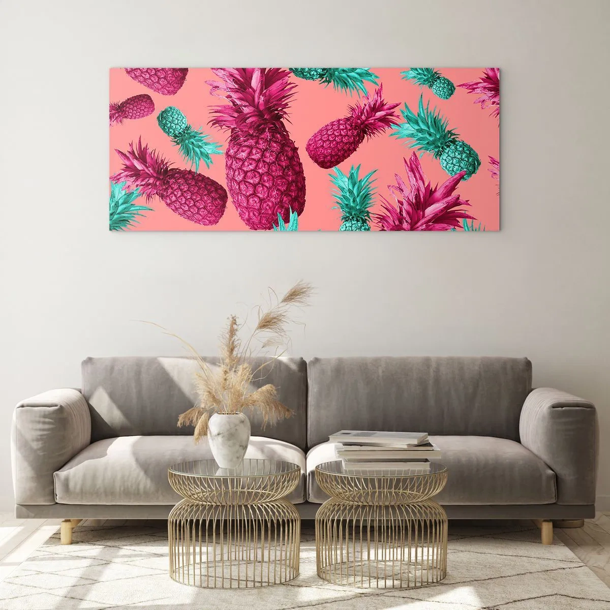 Glasbild - Bild auf glas - Exotische Ananas in Pink und Türkis - 140x50cm - Freiheit ist süß - Moderne Wanddekoration für Wohnzimmer und Schlafzimmer ARTTOR