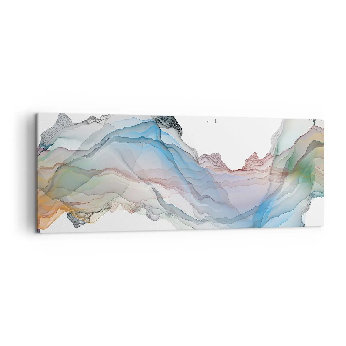 Bild auf Leinwand - Leinwandbild - Eine subtile Landschaft mit Bergen, Wasser und einem Boot - 140x50cm - Zu den Kristallbergen - Moderne Wanddekoration für Wohnzimmer und Schlafzimmer ARTTOR