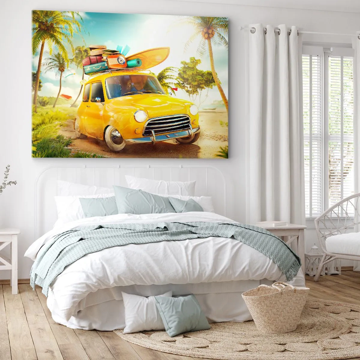 Bild auf Leinwand - Leinwandbild - Ein gelbes Auto mit Gepäck vor einer tropischen Landschaft - 70x50cm - Eine Reise für mehr als ein Lächeln - Moderne Wanddekoration für Wohnzimmer und Schlafzimmer ARTTOR