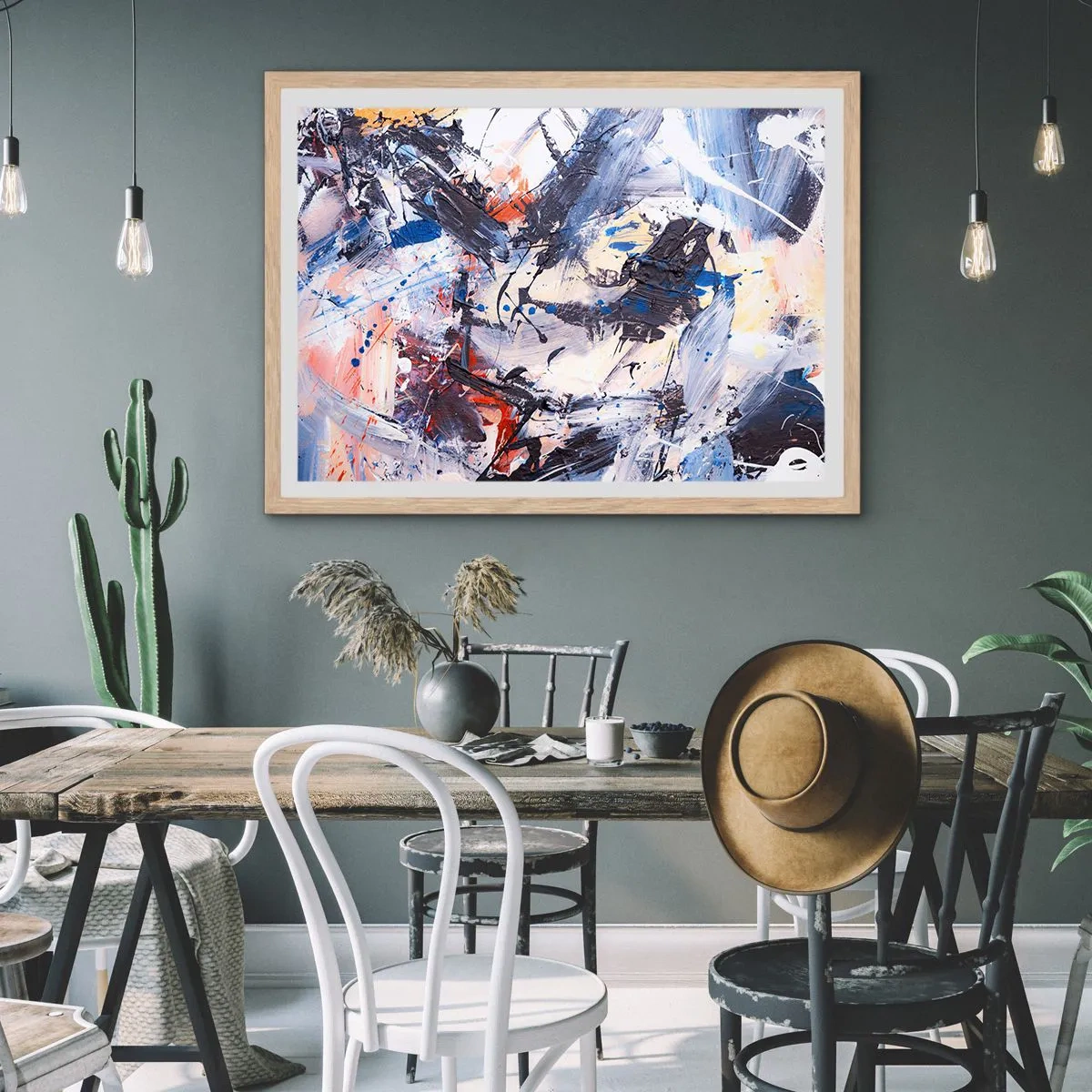 Poster in einem Rahmen aus heller Eiche - Verrückter Tanz der Abstraktion - 100x70 cm