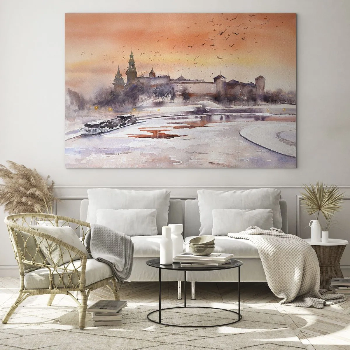 Glasbild - Bild auf glas - Sonnenuntergang über dem königlichen Schloss und dem Fluss im Winter - 70x50cm - Königlicher Sonnenuntergang - Moderne Wanddekoration für Wohnzimmer und Schlafzimmer ARTTOR