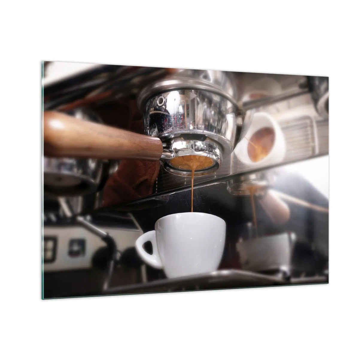 Glasbild - Bild auf glas - Nahaufnahme einer Tasse Kaffee, die aus einer Druckkaffeemaschine eingeschenkt wird - 100x70cm - Gute Zeit des Tages - Moderne Wanddekoration für Wohnzimmer und Schlafzimmer ARTTOR