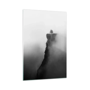 Glasbild - Bild auf glas - Ein einsamer Baum am Rand einer Klippe, umgeben von Nebel - 70x100cm - Am Rande der Welt - Moderne Wanddekoration für Wohnzimmer und Schlafzimmer ARTTOR