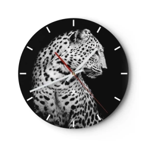 Wanduhr - Glasuhr - Schwarz-Weiß-Porträt eines Leoparden auf schwarzem Hintergrund - 30x30cm - Rechtes Profil perfekt! - Moderne Wanddekoration für Wohnzimmer, Küche und Schlafzimmer ARTTOR