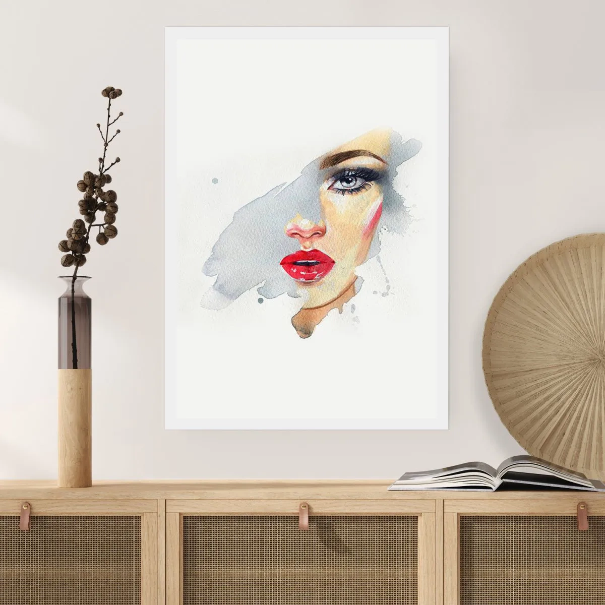 Poster - Aquarellporträt einer Frau mit roten Lippen - 50x70cm - Abspiegeln in einem Wassertropfen - Moderne Wanddekoration für Wohnzimmer und Schlafzimmer ARTTOR