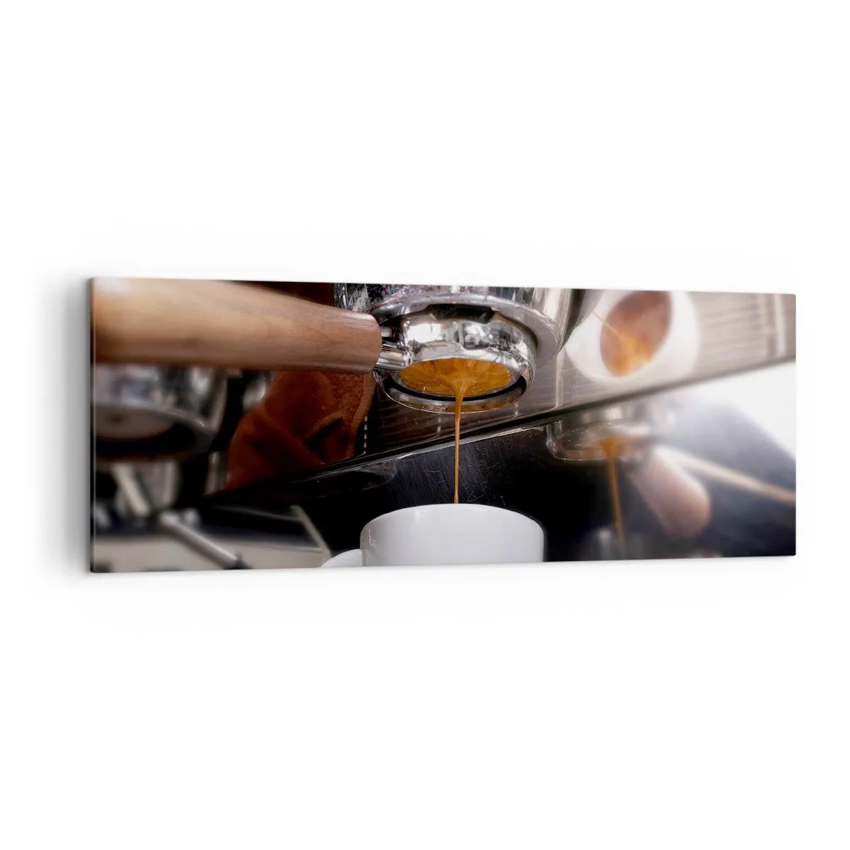 Bild auf Leinwand - Leinwandbild - Nahaufnahme einer Kaffeemaschine, die einen frischen Espresso zubereitet - 140x50cm - Gute Zeit des Tages - Moderne Wanddekoration für Wohnzimmer und Schlafzimmer ARTTOR