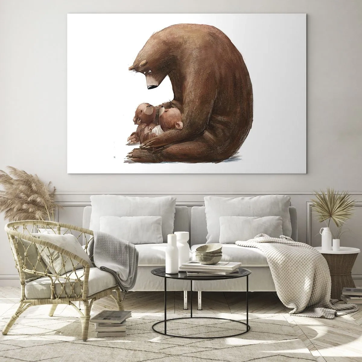 Glasbild - Bild auf glas - Eine Bärenmutter umarmt zwei kleine Bärenjungen - 70x50cm - Süße Träume, Kinder - Moderne Wanddekoration für Wohnzimmer und Schlafzimmer ARTTOR