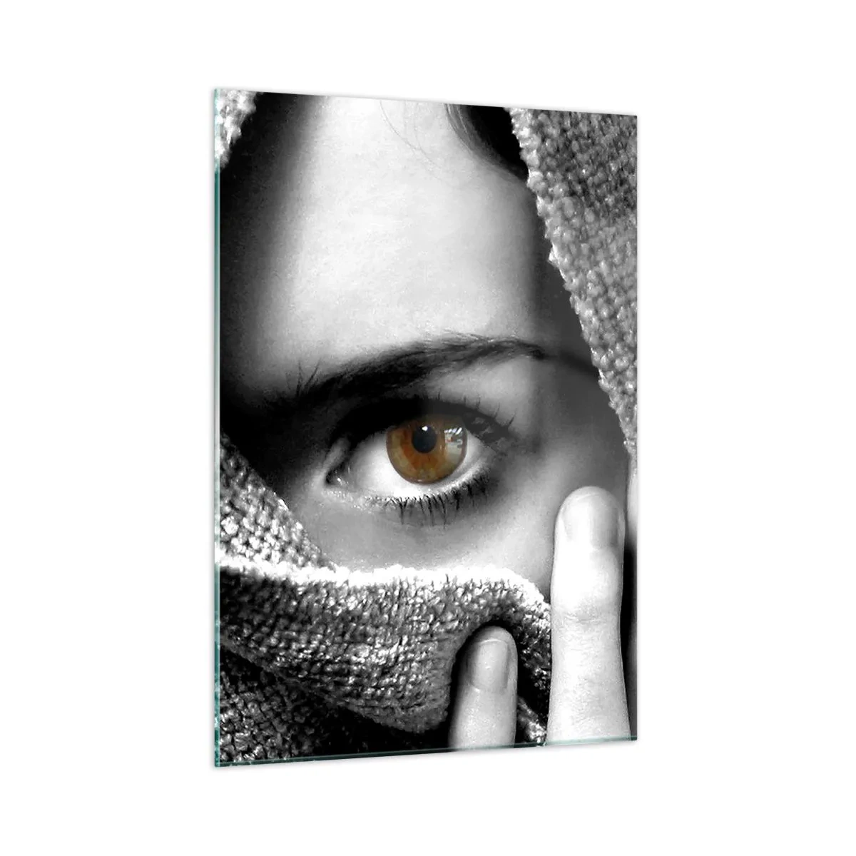 Glasbild - Bild auf glas - Ein Auge versteckt sich hinter einer monochromen Stoffstruktur - 50x70cm - Erfahre das Geheimnis - Moderne Wanddekoration für Wohnzimmer und Schlafzimmer ARTTOR