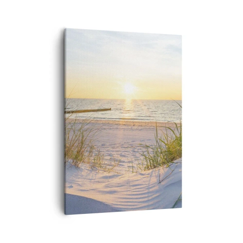 Bild auf Leinwand - Leinwandbild - Ein Sandstrand mit Blick auf den Sonnenuntergang über dem Meer - 50x70cm - Das Rauschen des Meeres, der Gesang der Vögel, ein wilder Strand im Gras ... - Moderne Wanddekoration für Wohnzimmer und Schlafzimmer ARTTOR