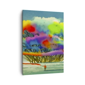 Bild auf Leinwand - Leinwandbild - Eine Figur mit farbigem Rauch im Hintergrund eines Baumes in der Wildnis - 50x70cm - Erwecke diese Welt zum Leben - Moderne Wanddekoration für Wohnzimmer und Schlafzimmer ARTTOR