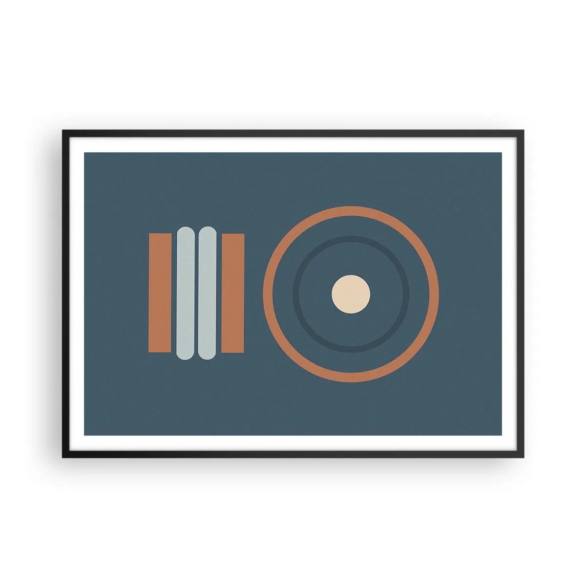 Poster in einem schwarzem Rahmen - Eine geometrische Komposition mit Kreisen und Rechtecken in gedämpften Farben. - 100x70cm - Das Wesen der Dinge - Moderne Wanddekoration für Wohnzimmer und Schlafzimmer ARTTOR