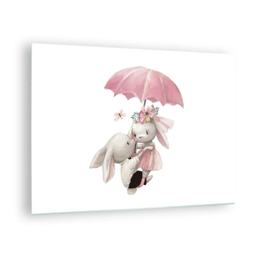 Glasbild - Bild auf glas - Zwei Kaninchen unter einem rosa Regenschirm in einer romantischen Szene - 70x50cm - Das ist eben Liebe - Moderne Wanddekoration für Wohnzimmer und Schlafzimmer ARTTOR