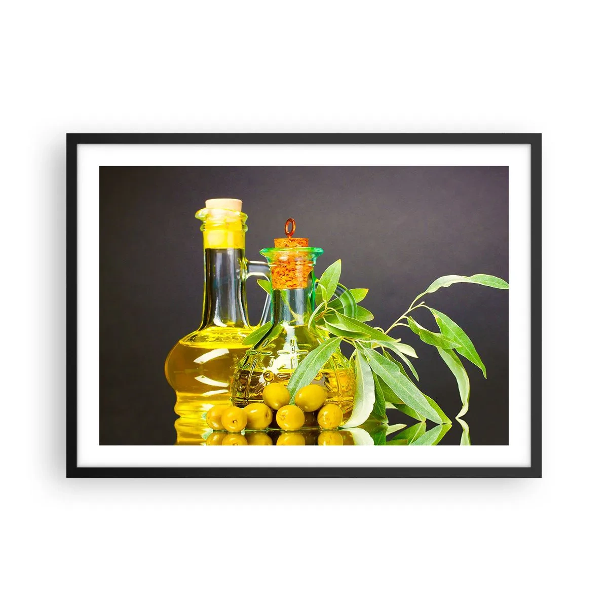 Poster in einem schwarzem Rahmen - Flaschen mit Olivenöl und Olivenbaumzweigen - 70x50cm - Stillleben mit Oliven und Olivenöl - Moderne Wanddekoration für Wohnzimmer und Schlafzimmer ARTTOR