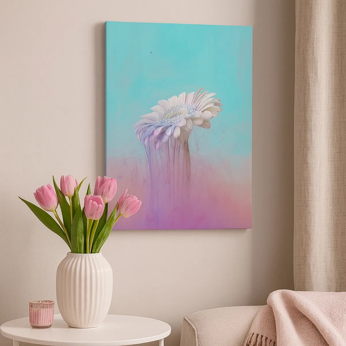 Bild auf Leinwand - Leinwandbild - Pastellfarbene Gerbera mit Unschärfeeffekt - 50x70cm - Blumenunterwelt - Moderne Wanddekoration für Wohnzimmer und Schlafzimmer ARTTOR