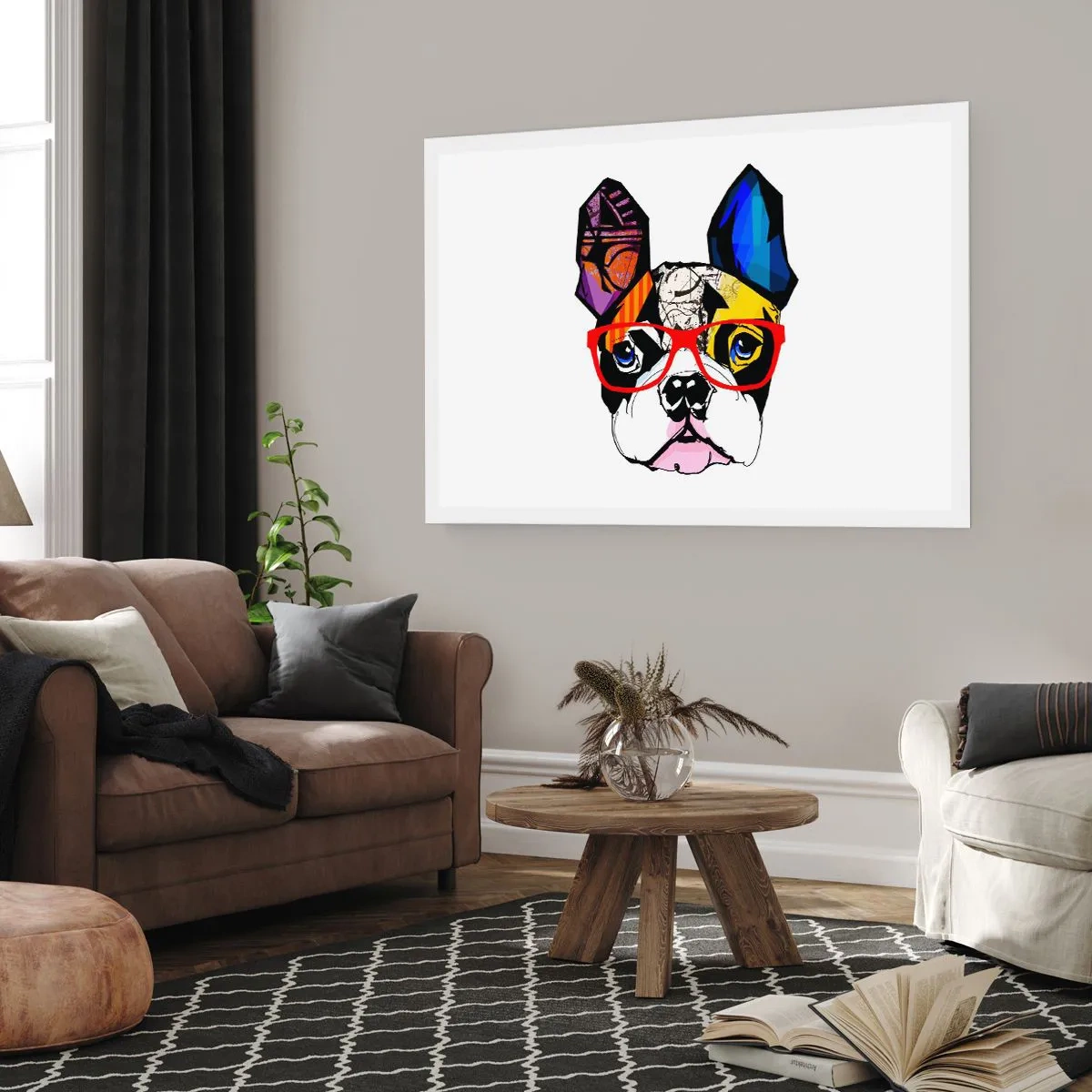 Poster - Bulldogge in einer bunten Illustration mit roter Brille - 100x70cm - Intellektuelle - Moderne Wanddekoration für Wohnzimmer und Schlafzimmer ARTTOR