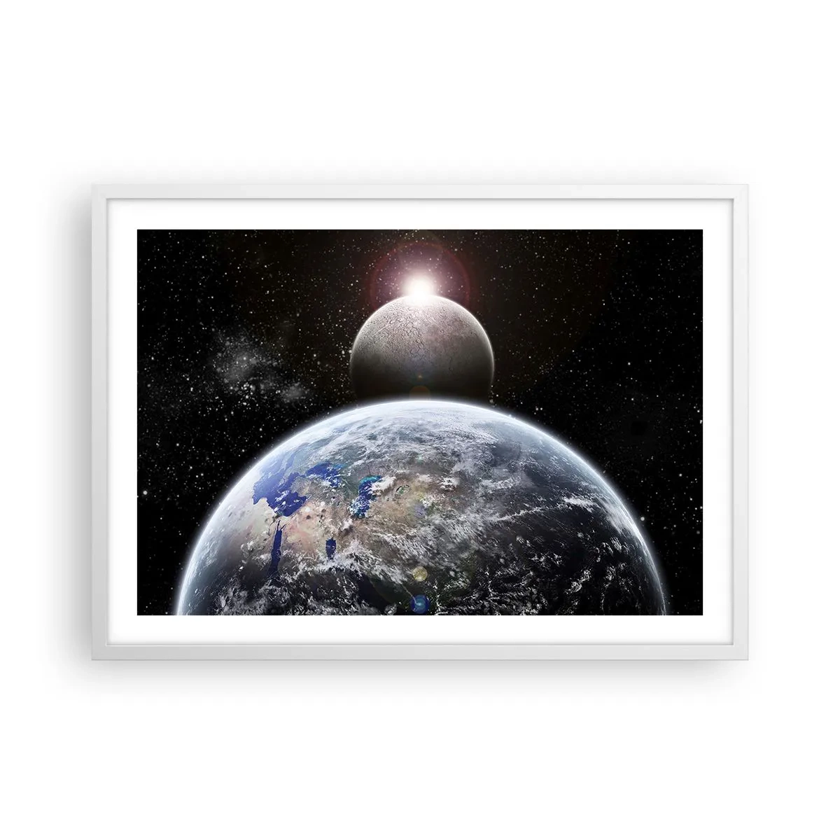Poster in einem weißen Rahmen - Weltraumlandschaft - Sonnenaufgang - 70x50 cm
