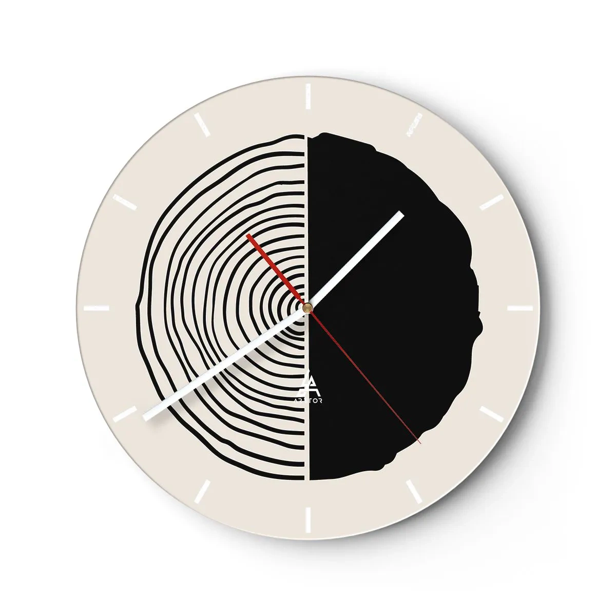 Wanduhr - Glasuhr - Ein minimalistisches Motiv eines Stammquerschnitts in kontrastierenden Farben - 30x30cm - Halb und halb - Moderne Wanddekoration für Wohnzimmer, Küche und Schlafzimmer ARTTOR