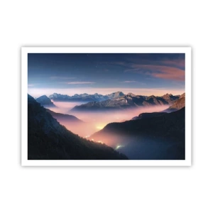 Poster - Eine Berglandschaft mit einem nebelverhangenen Tal - 100x70cm - Licht in den Tälern - Moderne Wanddekoration für Wohnzimmer und Schlafzimmer ARTTOR