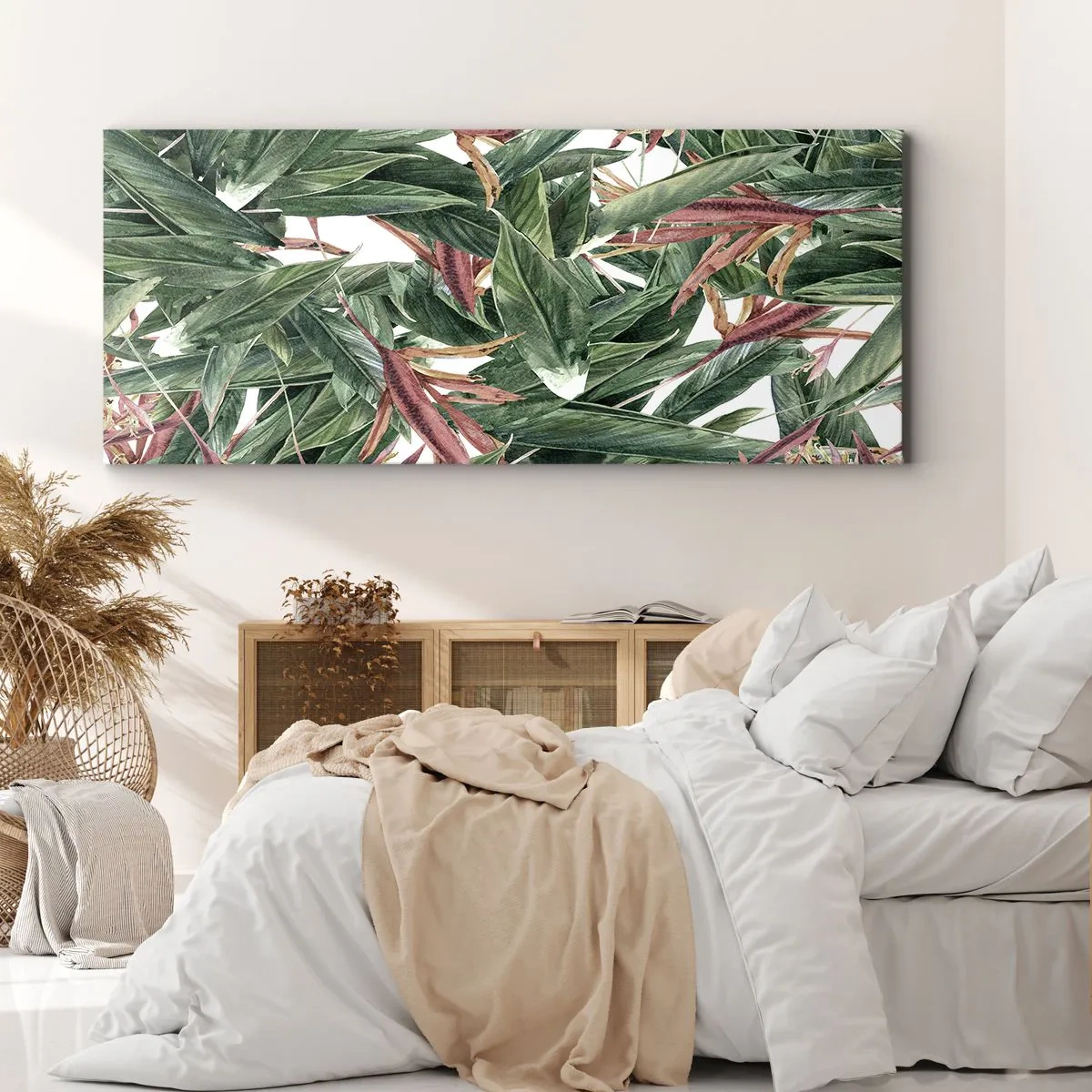 Bild auf Leinwand - Leinwandbild - Ein dekoratives Blattmotiv in Grün- und Burgundertönen auf hellem Hintergrund - 120x50cm - Smaragd-lila Dickicht - Moderne Wanddekoration für Wohnzimmer und Schlafzimmer ARTTOR