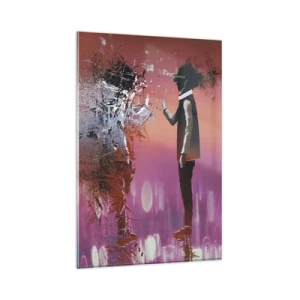 Glasbild - Bild auf glas - Eine abstrakte Szene mit einer futuristischen Figur und verstreuten Elementen. - 80x120cm - Kannst du dich selbst anschauen? - Moderne Wanddekoration für Wohnzimmer und Schlafzimmer ARTTOR