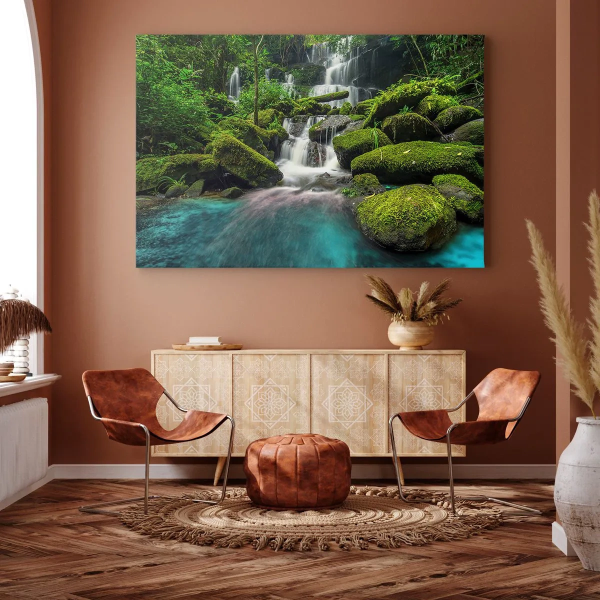Bild auf Leinwand - Leinwandbild - Ein tropischer Wasserfall, umgeben von Grün und türkisfarbenem Wasser - 70x50cm - Türkis, Saphire und flüssiges Silber - Moderne Wanddekoration für Wohnzimmer und Schlafzimmer ARTTOR