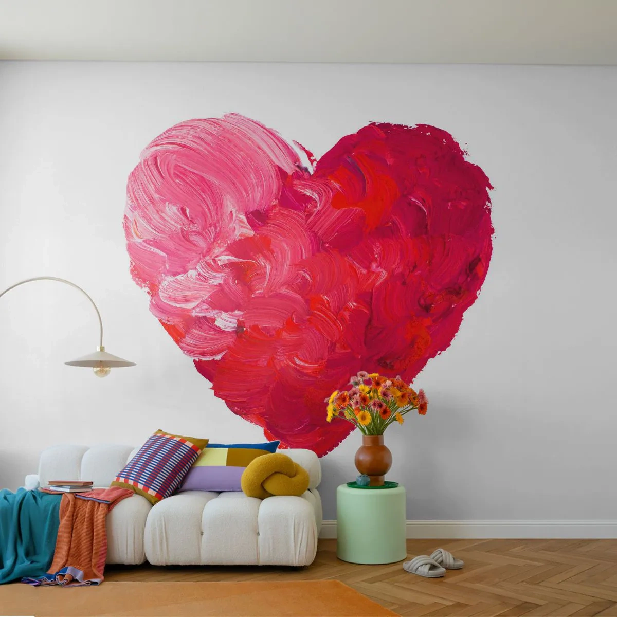 Fototapete Premium Sand - Ein gemaltes Herz in Rot- und Rosatönen auf weißem Hintergrund - 100x70cm - Alles was du brauchst ist Liebe - Moderne Wanddekoration für Wohnzimmer und Schlafzimmer ARTTOR