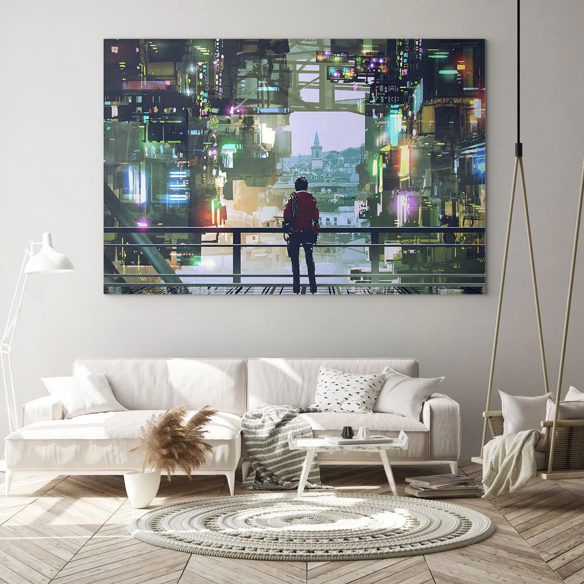 Glasbild - Bild auf glas - Eine Figur vor dem Hintergrund einer futuristischen Stadt mit Blick auf die Altstadt - 100x70cm - Zwei Welten - Moderne Wanddekoration für Wohnzimmer und Schlafzimmer ARTTOR