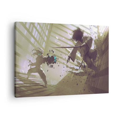 Bild auf Leinwand - Leinwandbild - Dynamischer Kampf zwischen zwei Charakteren im futuristischen Stil - 70x50cm - Und du kannst ein Samurai sein - Moderne Wanddekoration für Wohnzimmer und Schlafzimmer ARTTOR