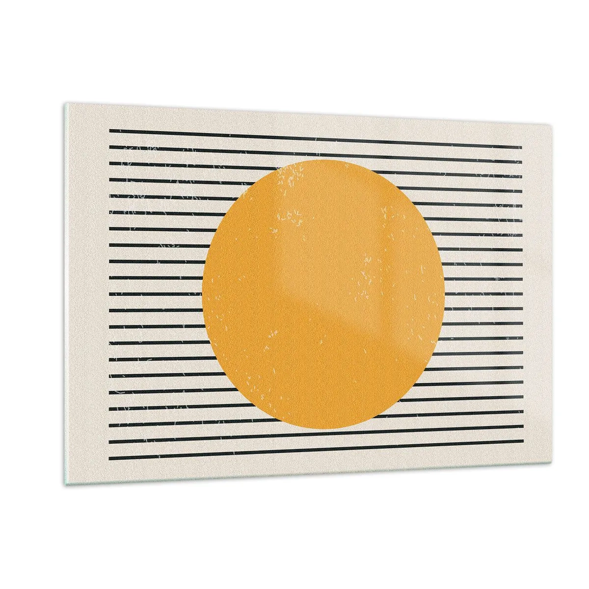 Glasbild - Bild auf glas - Ein orangefarbener Kreis vor einem Hintergrund aus horizontalen schwarzen Linien auf beigem Untergrund. - 120x80cm - Die Kraft der Einfachheit - Moderne Wanddekoration für Wohnzimmer und Schlafzimmer ARTTOR