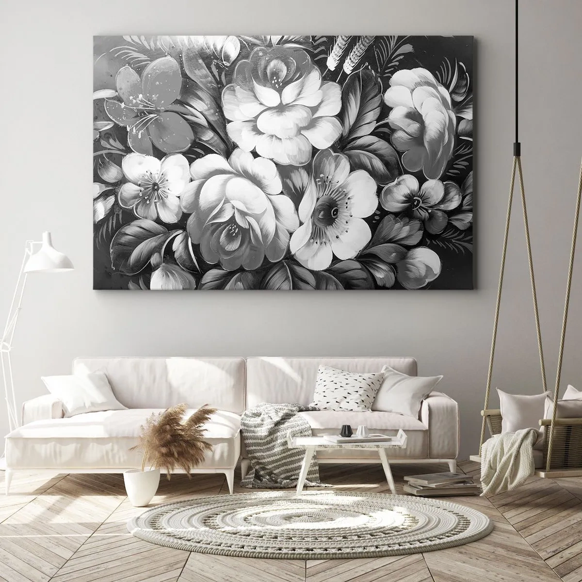 Bild auf Leinwand - Leinwandbild - Schwarze und weiße Blumen in einer klassischen und eleganten Komposition - 70x50cm - Schön auch in Grau - Moderne Wanddekoration für Wohnzimmer und Schlafzimmer ARTTOR
