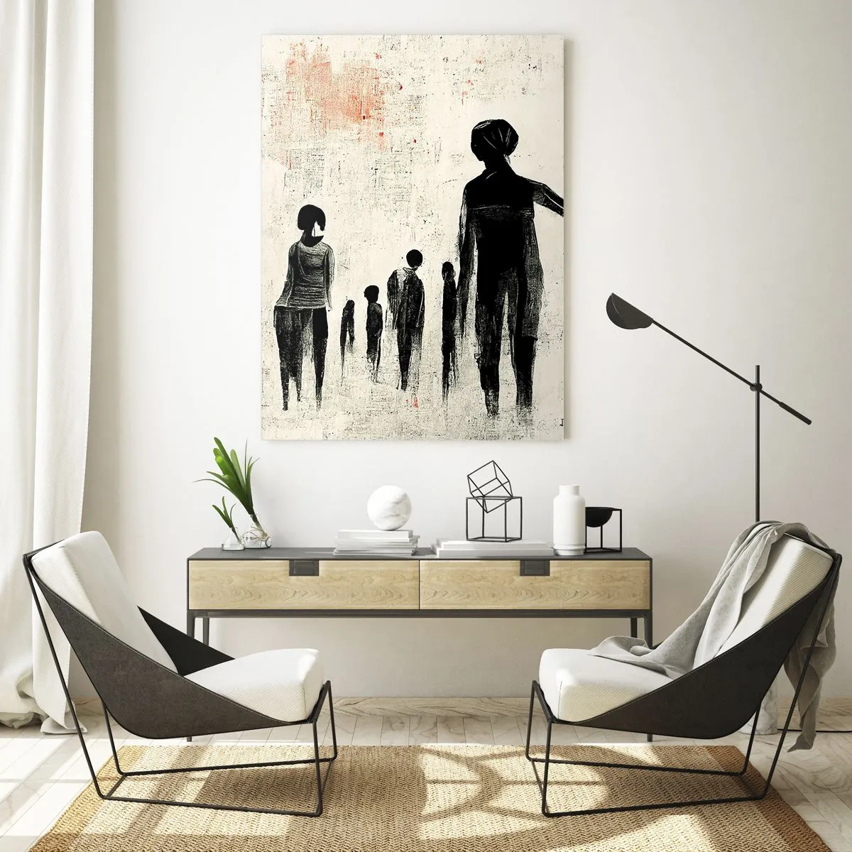 Glasbild - Bild auf glas - Figuren in monochromer Komposition vor hellem Hintergrund - 70x100cm - Gegen die Einsamkeit - Moderne Wanddekoration für Wohnzimmer und Schlafzimmer ARTTOR