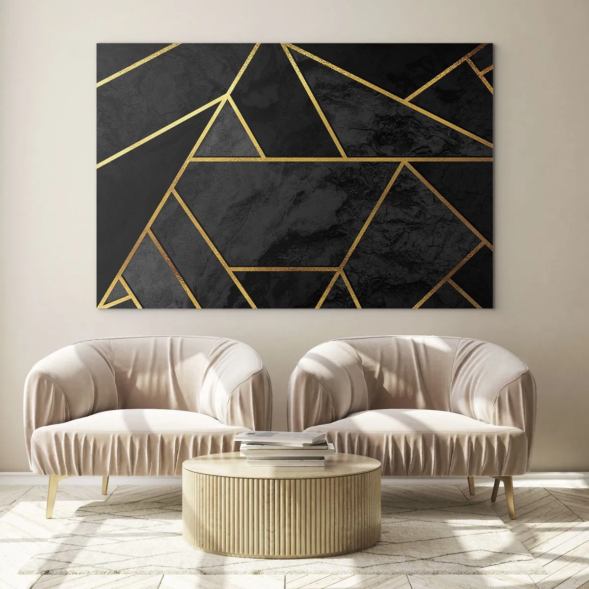 Glasbild - Bild auf glas - Geometrische Komposition in Schwarz und Gold auf Marmorhintergrund - 70x50cm - Dunkelheit und Glanz - Moderne Wanddekoration für Wohnzimmer und Schlafzimmer ARTTOR