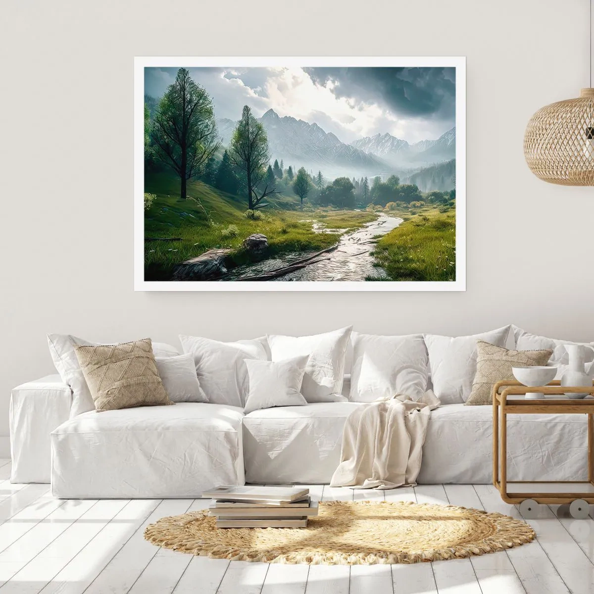 Poster - Eine Berglandschaft mit einem Fluss und Bäumen, umgeben von nebligen Bergen - 100x70cm - Hin und zurück - Moderne Wanddekoration für Wohnzimmer und Schlafzimmer ARTTOR