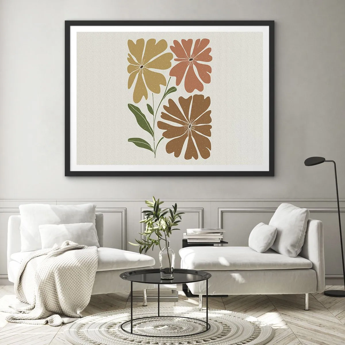 Poster in einem schwarzem Rahmen - Drei Blumen in warmen Farben auf hellem Hintergrund - 70x50cm - Natur und Geometrie - Moderne Wanddekoration für Wohnzimmer und Schlafzimmer ARTTOR