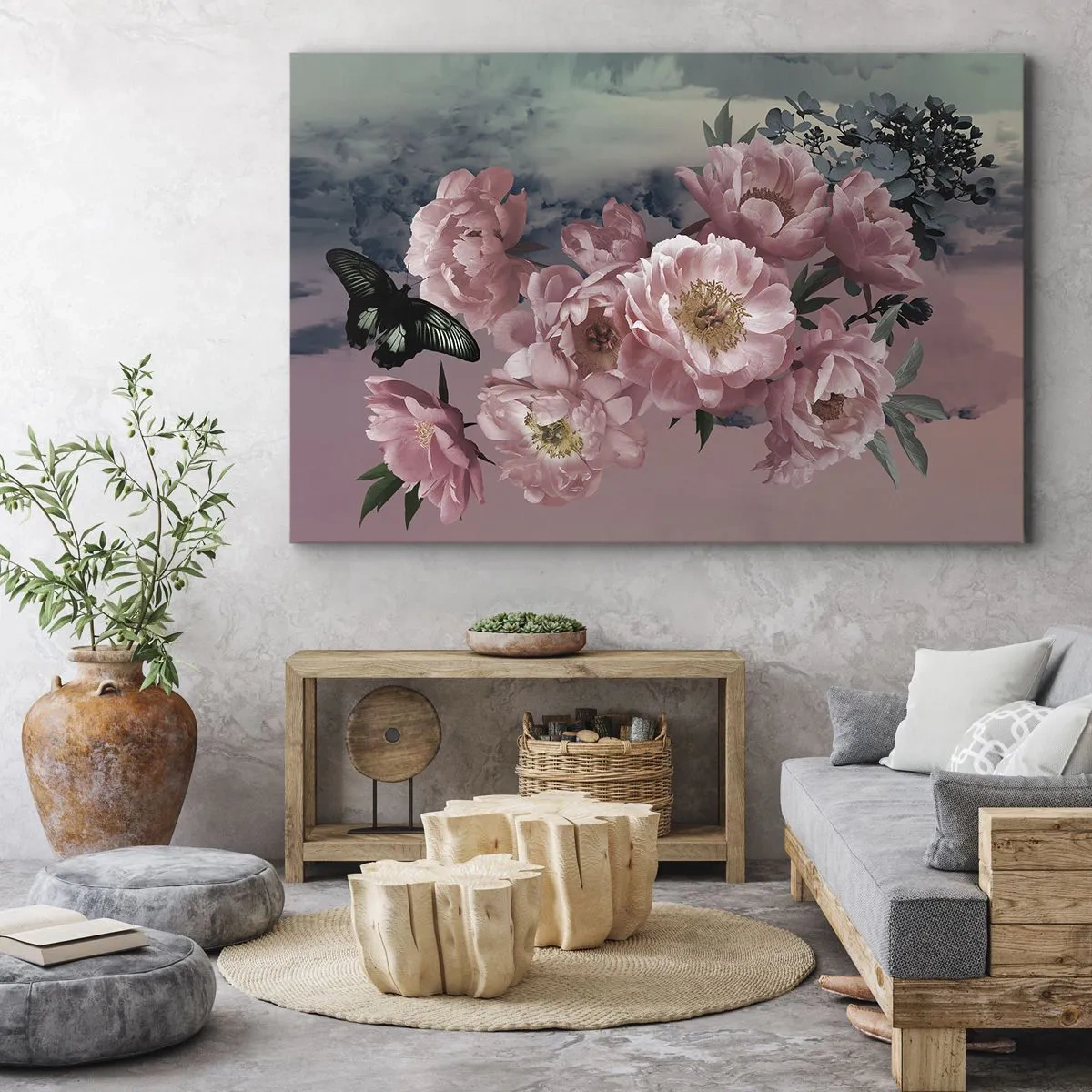 Bild auf Leinwand - Leinwandbild - Rosa Pfingstrosen mit einem Schmetterling auf pastellfarbenem Hintergrund - 70x50cm - Der Höhepunkt der Romantik - Moderne Wanddekoration für Wohnzimmer und Schlafzimmer ARTTOR