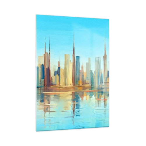 Glasbild - Bild auf glas - Ein Panorama der Metropole spiegelt sich im Wasser unter blauem Himmel - 50x70cm - Sonnige Metropole - Moderne Wanddekoration für Wohnzimmer und Schlafzimmer ARTTOR