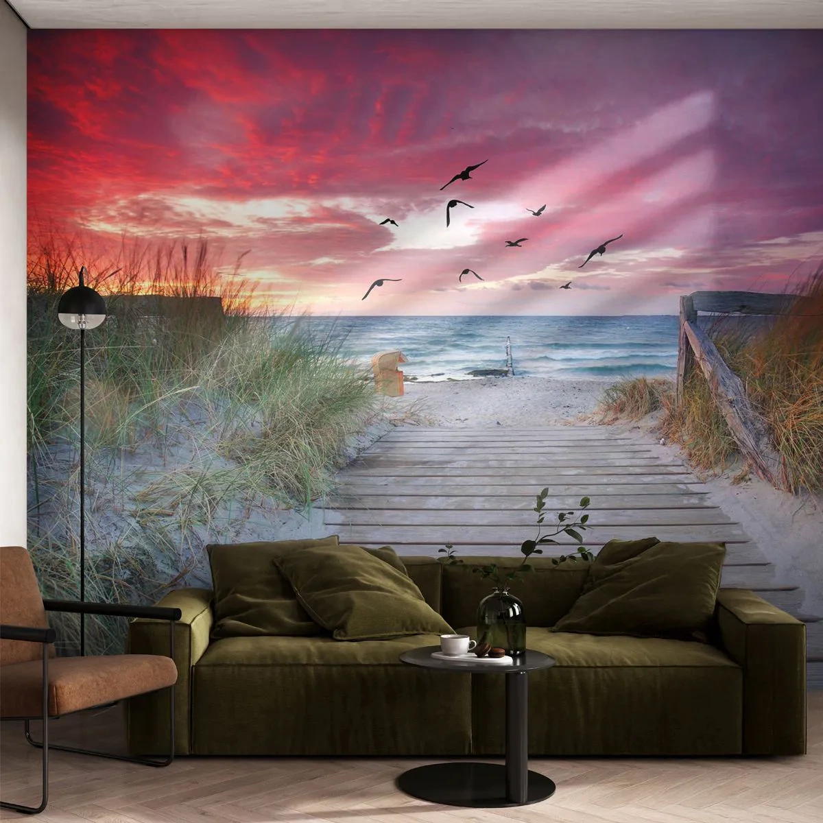 Fototapete Premium Sand - Holzweg durch die Dünen, der bei Sonnenuntergang zum Strand führt - 100x70cm - Baltischer Eindruck - Moderne Wanddekoration für Wohnzimmer und Schlafzimmer ARTTOR